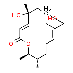 ChemSpider 2D Image | (3E,5R,9E,13S,14R)-5,8-Dihydroxy-5,9,13,14-tetramethyloxacyclotetradeca-3,9-dien-2-one | C17H28O4