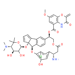 ChemSpider 2D Image | (3R,4R,14R,19S)-19-Amino-22-chloro-4-{[(2S,4S,5S)-5-(dimethylamino)-3,4-dihydroxy-6,6-dimethyltetrahydro-2H-pyran-2-yl]oxy}-23-hydroxy-17-oxo-2,16-dioxapentacyclo[18.2.2.1~9,13~.0~3,10~.0~4,8~]pentaco
sa-1(22),5,7,9(25),10,12,20,23-octaen-14-yl 7-methoxy-2-methylene-3-oxo-3,4-dihydro-2H-1,4-benzoxazine-5-carboxylate (non-preferred name) | C43H44ClN3O13