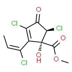 ChemSpider 2D Image | Methyl (1S,5S)-3,5-dichloro-2-[(1E)-1-chloro-1-propen-1-yl]-1-hydroxy-4-oxo-2-cyclopentene-1-carboxylate | C10H9Cl3O4