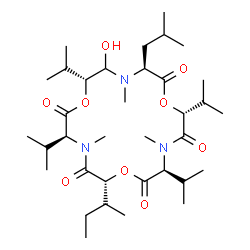 ChemSpider 2D Image | (3S,6R,9S,12R,15S,18R)-6-[(2S)-2-Butanyl]-17-hydroxy-15-isobutyl-3,9,12,18-tetraisopropyl-4,10,16-trimethyl-1,7,13-trioxa-4,10,16-triazacyclooctadecane-2,5,8,11,14-pentone | C35H63N3O9