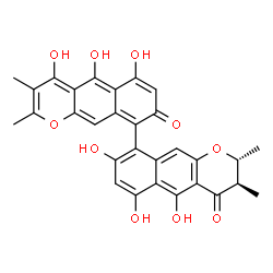 ChemSpider 2D Image | (2R,3R)-4',5,5',6,6',8-Hexahydroxy-2,2',3,3'-tetramethyl-2,3-dihydro-4H,8'H-9,9'-bibenzo[g]chromene-4,8'-dione | C30H24O10