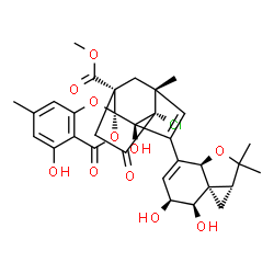 ChemSpider 2D Image | Methyl (1'S,2R,3'S,6'R,7'S)-7'-chloro-4'-[(1aR,3aR,6S,7R,7aS)-6,7-dihydroxy-2,2-dimethyl-1a,2,6,7-tetrahydro-1H,3aH-cyclopropa[c][1]benzofuran-4-yl]-3',5-dihydroxy-6',7-dimethyl-4,8'-dioxo-1'H,4H-spir
o[1,3-benzodioxine-2,2'-tricyclo[4.3.1.0~3,7~]dec[4]ene]-1'-carboxylate | C32H33ClO11
