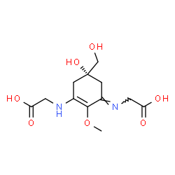 ChemSpider 2D Image | {(E)-[(5S)-3-[(Carboxymethyl)amino]-5-hydroxy-5-(hydroxymethyl)-2-methoxy-2-cyclohexen-1-ylidene]amino}acetic acid (non-preferred name) | C12H18N2O7