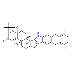 ChemSpider 2D Image | (1S,4R,5S,16S,19S)-19-Hydroxy-4,5,24,24-tetramethyl-10,11-bis(3-methyl-2-buten-1-yl)-25,26-dioxa-7-azaheptacyclo[21.2.1.0~1,20~.0~4,19~.0~5,16~.0~6,14~.0~8,13~]hexacosa-6(14),8,10,12,20-pentaen-22-one | C37H47NO4