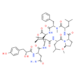 ChemSpider 2D Image | N~1~-[(3S,6S,9S,12R,13S,16S,19R,21aS)-6-Benzyl-3,16-diisobutyl-9-isopropyl-19-methoxy-5,12-dimethyl-1,4,7,10,14,17-hexaoxoicosahydropyrrolo[2,1-l][1,4,7,10,13,16]oxapentaazacyclononadecin-13-yl]-N~2~-
[(2R)-2-hydroxy-3-(4-hydroxyphenyl)propanoyl]-L-aspartamide | C50H72N8O13