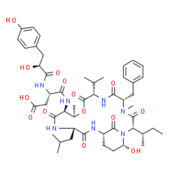 ChemSpider 2D Image | N-{(2S,5S,8S,11R,12S,15S,18S,21R)-5-Benzyl-2-[(2S)-2-butanyl]-21-hydroxy-15-isobutyl-8-isopropyl-4,11-dimethyl-3,6,9,13,16,22-hexaoxo-10-oxa-1,4,7,14,17-pentaazabicyclo[16.3.1]docos-12-yl}-N~2~-[(2S)-
2-hydroxy-3-(4-hydroxyphenyl)propanoyl]-L-alpha-asparagine | C49H69N7O14