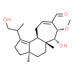 ChemSpider 2D Image | (3aR,5aR,6R,7S,10aR)-6-Hydroxy-1-(1-hydroxy-2-propanyl)-7-methoxy-3a,5a-dimethyl-2,3,3a,4,5,5a,6,7,10,10a-decahydrocyclohepta[e]indene-8-carbaldehyde | C21H32O4