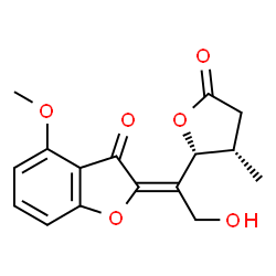 ChemSpider 2D Image | (2E)-2-{2-Hydroxy-1-[(2R,3S)-3-methyl-5-oxotetrahydro-2-furanyl]ethylidene}-4-methoxy-1-benzofuran-3(2H)-one | C16H16O6