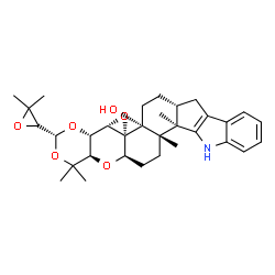 ChemSpider 2D Image | (3R,4aS,4bS,5aR,5bR,7aR,13bR,13cS,15aR,16aR)-3-[(2S)-3,3-Dimethyl-2-oxiranyl]-1,1,13b,13c-tetramethyl-1,4a,4b,6,7,7a,8,13,13b,13c,14,15,15a,16a-tetradecahydro-5bH-[1,3]dioxino[5'',4'':2',3']oxireno[4'
,4a']chromeno[5',6':6,7]indeno[1,2-b]indol-5b-ol | C32H41NO6
