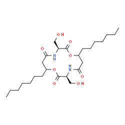 ChemSpider 2D Image | (3S,10S)-7,14-Diheptyl-3,10-bis(hydroxymethyl)-1,8-dioxa-4,11-diazacyclotetradecane-2,5,9,12-tetrone | C26H46N2O8