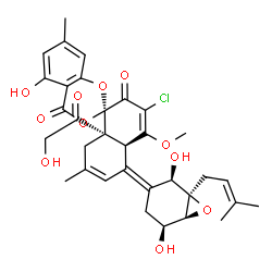 ChemSpider 2D Image | (2R,4a'S,5'Z,8a'R)-3'-Chloro-5'-[(1R,2R,5S,6S)-2,5-dihydroxy-1-(3-methyl-2-buten-1-yl)-7-oxabicyclo[4.1.0]hept-3-ylidene]-8a'-glycoloyl-5-hydroxy-4'-methoxy-7,7'-dimethyl-4a',5',8',8a'-tetrahydro-2'H,
4H-spiro[1,3-benzodioxine-2,1'-naphthalene]-2',4-dione | C33H35ClO11