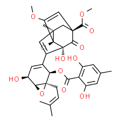 ChemSpider 2D Image | Methyl (1S,3S,6R,7S)-7-chloro-4-[(1R,2R,5S,6S)-2-[(2,6-dihydroxy-4-methylbenzoyl)oxy]-5-hydroxy-1-(3-methyl-2-buten-1-yl)-7-oxabicyclo[4.1.0]hept-3-en-3-yl]-3-hydroxy-8-methoxy-6-methyl-2-oxotricyclo[
4.3.1.0~3,7~]deca-4,8-diene-1-carboxylate | C33H35ClO11