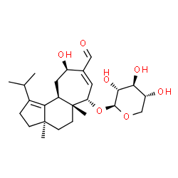 ChemSpider 2D Image | (3aR,5aR,6S,9R,10aR)-8-Formyl-9-hydroxy-1-isopropyl-3a,5a-dimethyl-2,3,3a,4,5,5a,6,9,10,10a-decahydrocyclohepta[e]inden-6-yl beta-D-xylopyranoside | C25H38O7