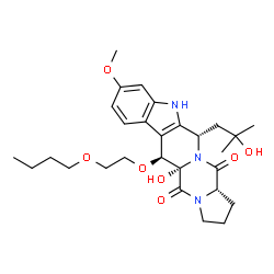 ChemSpider 2D Image | (5aS,6S,12S,14aS)-6-(2-Butoxyethoxy)-5a-hydroxy-12-(2-hydroxy-2-methylpropyl)-9-methoxy-1,2,3,5a,6,11,12,14a-octahydro-5H,14H-pyrrolo[1'',2'':4',5']pyrazino[1',2':1,6]pyrido[3,4-b]indole-5,14-dione | C28H39N3O7