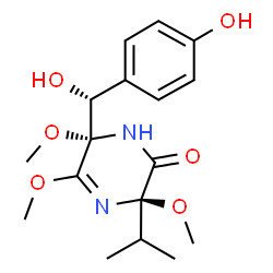 ChemSpider 2D Image | (3R,6S)-6-[(R)-Hydroxy(4-hydroxyphenyl)methyl]-3-isopropyl-3,5,6-trimethoxy-3,6-dihydro-2(1H)-pyrazinone | C17H24N2O6