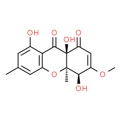 ChemSpider 2D Image | (4R,4aR,9aR)-4,8,9a-Trihydroxy-3-methoxy-4a,6-dimethyl-4a,9a-dihydro-1H-xanthene-1,9(4H)-dione | C16H16O7