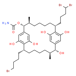 ChemSpider 2D Image | (2R,3S,8R,13R,14S,19R)-19-(4-Bromobutyl)-8-(4,4-dibromobutyl)-10,13,21,24,26-pentahydroxy-3,14-dimethyltricyclo[18.2.2.2~9,12~]hexacosa-1(22),9,11,20,23,25-hexaen-2-yl carbamate | C37H54Br3NO7