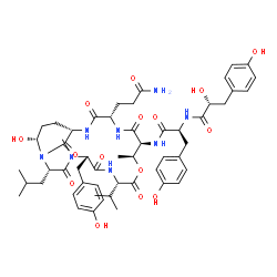 ChemSpider 2D Image | N-[(2S,5S,8S,11S,12S,15S,18S,21R)-15-(3-Amino-3-oxopropyl)-21-hydroxy-5-(4-hydroxybenzyl)-2-isobutyl-8-isopropyl-4,11-dimethyl-3,6,9,13,16,22-hexaoxo-10-oxa-1,4,7,14,17-pentaazabicyclo[16.3.1]docos-12
-yl]-Nalpha-[(2R)-2-hydroxy-3-(4-hydroxyphenyl)propanoyl]-L-tyrosinamide | C53H70N8O15