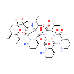 ChemSpider 2D Image | (2S)-2-[(2R,5S,6R)-5,6-Diethyl-2-hydroxytetrahydro-2H-pyran-2-yl]-N-{(4aR,10aS,13R,16S,17S,23aR)-12,25-dihydroxy-13-[(1S)-1-hydroxyethyl]-16-isopropyl-5,11,14,18,24,27-hexaoxotetracosahydro-7H,16H,20H
-tripyridazino[6,1-f:6',1'-i:6'',1''-o][1,4,7,10,13,16]oxapentaazacyclononadecin-17-yl}-2-hydroxypropanamide | C39H65N9O14