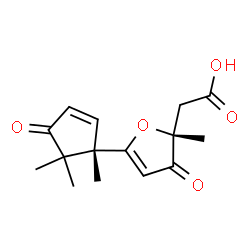 ChemSpider 2D Image | {(2R)-2-Methyl-3-oxo-5-[(1S)-1,5,5-trimethyl-4-oxo-2-cyclopenten-1-yl]-2,3-dihydro-2-furanyl}acetic acid | C15H18O5