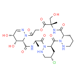 ChemSpider 2D Image | (3S,4aR,10aS,13S,21R,22S,22aS,25S)-3-Chloro-21,22-dihydroxy-13-(hydroxymethyl)-13,25-dimethyl-2,3,4,4a,8,9,10,10a,12,13,22,22a,24,25-tetradecahydro-7H,21H-tripyridazino[1,6-d:1',6'-j:1'',6''-m][1,4,7,
10,13,16]oxapentaazacyclooctadecine-5,11,14,17,23,26(1H,16H)-hexone | C24H35ClN8O10