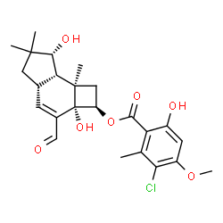 ChemSpider 2D Image | (2R,2aS,7R,7aS,7bR)-3-Formyl-2a,7-dihydroxy-6,6,7b-trimethyl-2,2a,4a,5,6,7,7a,7b-octahydro-1H-cyclobuta[e]inden-2-yl 3-chloro-6-hydroxy-4-methoxy-2-methylbenzoate | C24H29ClO7