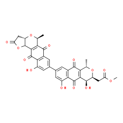 ChemSpider 2D Image | Methyl {(1S,3S,4S)-4,6-dihydroxy-8-[(3aS,5S)-10-hydroxy-5-methyl-2,6,11-trioxo-3,3a,5,6,11,11b-hexahydro-2H-benzo[g]furo[3,2-c]isochromen-8-yl]-1-methyl-5,10-dioxo-3,4,5,10-tetrahydro-1H-benzo[g]isoch
romen-3-yl}acetate | C33H26O13