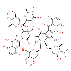 ChemSpider 2D Image | (1R,1'R,2S,2'S,3S,3'R)-11'-Diazo-2'-[(2,6-dideoxy-3,4-di-O-methyl-alpha-L-arabino-hexopyranosyl)oxy]-2,2'-diethyl-4,5,5',10,10'-pentahydroxy-4',6,6',9,9'-pentaoxo-1,1'-bis{[2,4,6-trideoxy-4-(dimethyla
mino)-beta-L-arabino-hexopyranosyl]oxy}-2,2',3,3',4',6,6',9,9',11'-decahydro-1H,1'H-3,3'-bibenzo[b]fluoren-2-yl 2,6-dideoxy-3,4-di-O-methyl-alpha-L-arabino-hexopyranoside | C70H86N4O24