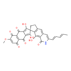 ChemSpider 2D Image | (8S)-1',3',9-Trihydroxy-6'-methoxy-3-[(1E,3E)-1,3-pentadien-1-yl]-6,7-dihydrospiro[cyclopenta[g]isoquinoline-8,2'-cyclopenta[b]naphthalene]-1,4',5',8',9'(2H)-pentone | C30H21NO9
