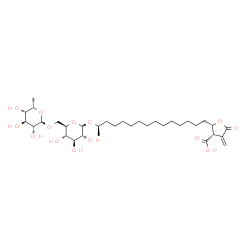ChemSpider 2D Image | (2S,3S)-2-[(14R)-14-{[6-O-(6-Deoxy-alpha-L-idopyranosyl)-beta-D-glucopyranosyl]oxy}pentadecyl]-4-methylene-5-oxotetrahydro-3-furancarboxylic acid | C33H56O14