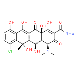 ChemSpider 2D Image | (4S,4aR,5S,5aR,6S,12aR)-7-Chloro-4-(dimethylamino)-1,5,6,10,11,12a-hexahydroxy-6-methyl-3,12-dioxo-3,4,4a,5,5a,6,12,12a-octahydro-2-tetracenecarboxamide | C22H23ClN2O9