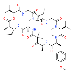 ChemSpider 2D Image | (2S,8S,14S,17S,20S,25S,28R,29S)-8-[(2S)-2-Butanyl]-28-ethyl-2,14-diisopropyl-17-(4-methoxybenzyl)-7,13,16,20,22,22,25,29-octamethyl-1-oxa-4,7,10,13,16,19,24,27-octaazacyclotriacontane-3,6,9,12,15,18,2
1,23,26,30-decone | C49H78N8O12