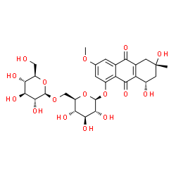 ChemSpider 2D Image | (6S,8S)-6,8-Dihydroxy-3-methoxy-6-methyl-9,10-dioxo-5,6,7,8,9,10-hexahydro-1-anthracenyl 6-O-beta-D-glucopyranosyl-beta-D-glucopyranoside | C28H36O16