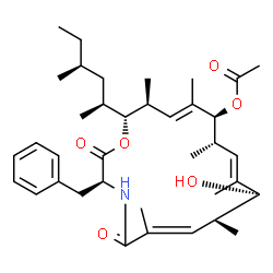 ChemSpider 2D Image | (3S,6E,9R,10E,12S,13S,14E,16S,17R)-3-Benzyl-9-hydroxy-6,8,10,12,14,16-hexamethyl-17-[(2S,4S)-4-methyl-2-hexanyl]-2,5-dioxo-1-oxa-4-azacycloheptadeca-6,10,14-trien-13-yl acetate | C37H55NO6