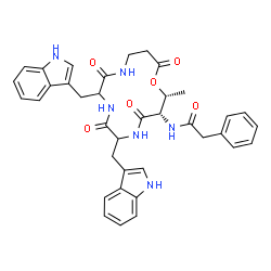 ChemSpider 2D Image | N-[(2R,3S)-6,9-Bis(1H-indol-3-ylmethyl)-2-methyl-4,7,10,14-tetraoxo-1-oxa-5,8,11-triazacyclotetradecan-3-yl]-2-phenylacetamide | C37H38N6O6