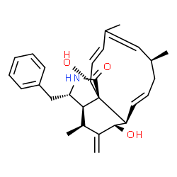 ChemSpider 2D Image | (3S,3aR,6S,6aR,7E,10S,13E,15R,15aR)-3-Benzyl-6,15-dihydroxy-4,10,12-trimethyl-5-methylene-2,3,3a,4,5,6,6a,9,10,15-decahydro-1H-cycloundeca[d]isoindol-1-one | C28H35NO3