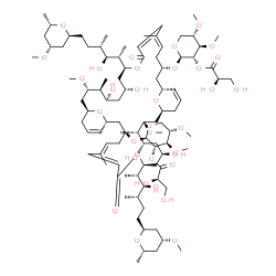 ChemSpider 2D Image | (1R,3S,5E,11S,13R,15S,16S,17S,19S,23R,25S,27E,33S,35R,37S,38S,39S,41S)-25-({2-O-[(2R)-2,3-Dihydroxypropanoyl]-3,4-di-O-methyl-beta-L-xylopyranosyl}oxy)-13,15,35,37-tetrahydroxy-11,33-bis{(2S,3S,4S)-3-
hydroxy-6-[(2S,4R,6S)-4-methoxy-6-methyltetrahydro-2H-pyran-2-yl]-4-methyl-2-hexanyl}-17,39-dimethoxy-6,16,28,38-tetramethyl-9,31-dioxo-10,32,45,46-tetraoxatricyclo[39.3.1.1~19,23~]hexatetraconta-5,7,
21,27,29,43-hexaen-3-yl 2-O-[(2R)-2,3-dihydroxypropanoyl]-3,4-di-O-methyl-beta-L-xylopyranoside | C96H160O34