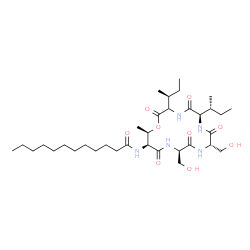 ChemSpider 2D Image | N-[(6R,9S,12R,15S,16R)-6-[(2R)-2-Butanyl]-3-[(2S)-2-butanyl]-9,12-bis(hydroxymethyl)-16-methyl-2,5,8,11,14-pentaoxo-1-oxa-4,7,10,13-tetraazacyclohexadecan-15-yl]dodecanamide | C34H61N5O9