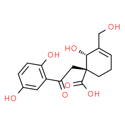 ChemSpider 2D Image | (1R,2R)-1-[2-(2,5-Dihydroxyphenyl)-2-oxoethyl]-2-hydroxy-3-(hydroxymethyl)-3-cyclohexene-1-carboxylic acid | C16H18O7