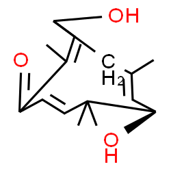 ChemSpider 2D Image | (6E,8R,10E)-4,8-Dihydroxy-2,6,9,9-tetramethyl-2,6,10-cycloundecatrien-1-one | C15H22O3