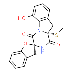 ChemSpider 2D Image | (2S,10a'R)-6'-Hydroxy-10a'-(methylsulfanyl)-10',10a'-dihydro-3H-spiro[1-benzofuran-2,3'-pyrazino[1,2-a]indole]-1',4'(2'H)-dione | C19H16N2O4S