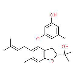 ChemSpider 2D Image | 3-{[(2R)-2-(2-Hydroxy-2-propanyl)-6-methyl-5-(3-methyl-2-buten-1-yl)-2,3-dihydro-1-benzofuran-4-yl]oxy}-5-methylphenol | C24H30O4