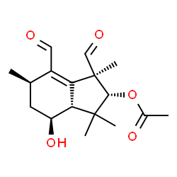 ChemSpider 2D Image | (1R,2R,3aR,4S,6R)-1,7-Diformyl-4-hydroxy-1,3,3,6-tetramethyl-2,3,3a,4,5,6-hexahydro-1H-inden-2-yl acetate | C17H24O5