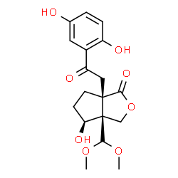 ChemSpider 2D Image | (3aS,4S,6aR)-6a-[2-(2,5-Dihydroxyphenyl)-2-oxoethyl]-3a-(dimethoxymethyl)-4-hydroxyhexahydro-1H-cyclopenta[c]furan-1-one | C18H22O8