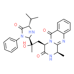 ChemSpider 2D Image | (1R,4R)-4-{(2R)-2-Hydroxy-2-[(2R,4S)-4-isopropyl-5-oxo-1-phenyl-2-imidazolidinyl]propyl}-1-methyl-2H-pyrazino[2,1-b]quinazoline-3,6(1H,4H)-dione | C27H31N5O4