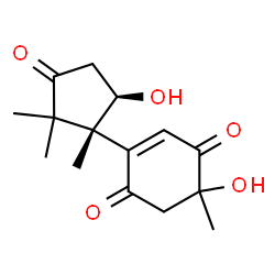 ChemSpider 2D Image | 5-Hydroxy-2-[(1S,5R)-5-hydroxy-1,2,2-trimethyl-3-oxocyclopentyl]-5-methyl-2-cyclohexene-1,4-dione | C15H20O5