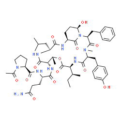 ChemSpider 2D Image | 1-Acetyl-L-prolyl-N~1~-[(2S,5S,8S,11R,12S,15S,18S,21R)-2-benzyl-8-[(2S)-2-butanyl]-21-hydroxy-5-(4-hydroxybenzyl)-15-isobutyl-4,11-dimethyl-3,6,9,13,16,22-hexaoxo-10-oxa-1,4,7,14,17-pentaazabicyclo[16
.3.1]docos-12-yl]-L-glutamamide | C52H73N9O13