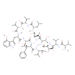 ChemSpider 2D Image | N-Methyl-L-valyl-N-{(3S,6S,9S,12S,15S,18S,21S,24S,27S,30S,31R)-27-[(1R)-1-hydroxyethyl]-6-[(R)-hydroxy(phenyl)methyl]-21-isobutyl-3,9,15,18,24-pentaisopropyl-12-[(4-methoxy-1H-indol-3-yl)methyl]-13,16
,22,28,31-pentamethyl-2,5,8,11,14,17,20,23,26,29-decaoxo-1-oxa-4,7,10,13,16,19,22,25,28-nonaazacyclohentriacontan-30-yl}-L-valinamide | C75H119N13O16