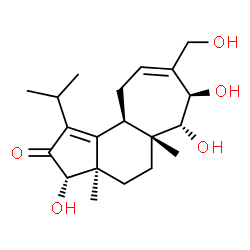 ChemSpider 2D Image | (3S,3aR,5aR,6R,7R,10aR)-3,6,7-Trihydroxy-8-(hydroxymethyl)-1-isopropyl-3a,5a-dimethyl-3a,4,5,5a,6,7,10,10a-octahydrocyclohepta[e]inden-2(3H)-one | C20H30O5