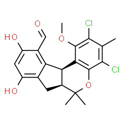 ChemSpider 2D Image | (6aS,11bS)-2,4-Dichloro-8,10-dihydroxy-1-methoxy-3,6,6-trimethyl-6,6a,7,11b-tetrahydroindeno[2,1-c]chromene-11-carbaldehyde | C21H20Cl2O5